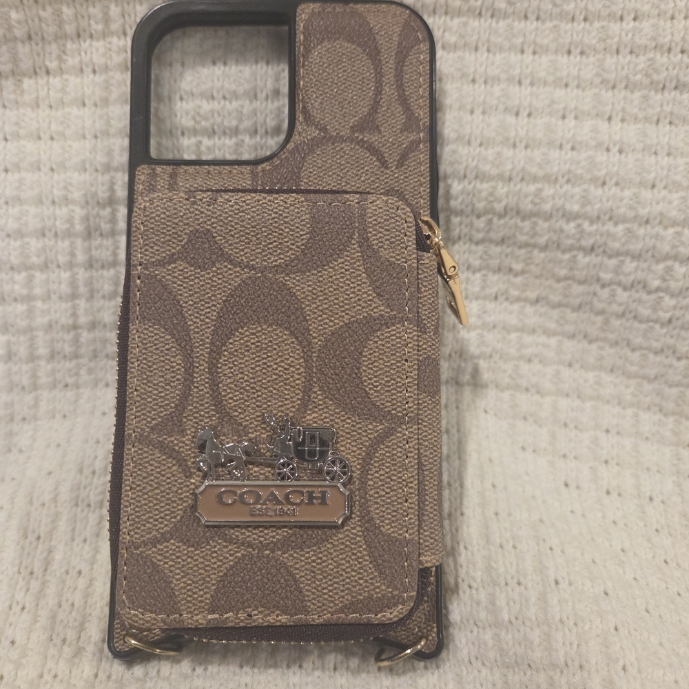 Coach Brown Signature Canvas Phone Case with Card Pocket and Gold Accent